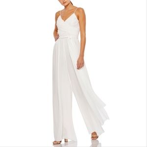 NEW Mac Duggal Ieena 2651 White Flowy Faux Wrap Chiffon Jumpsuit Small
